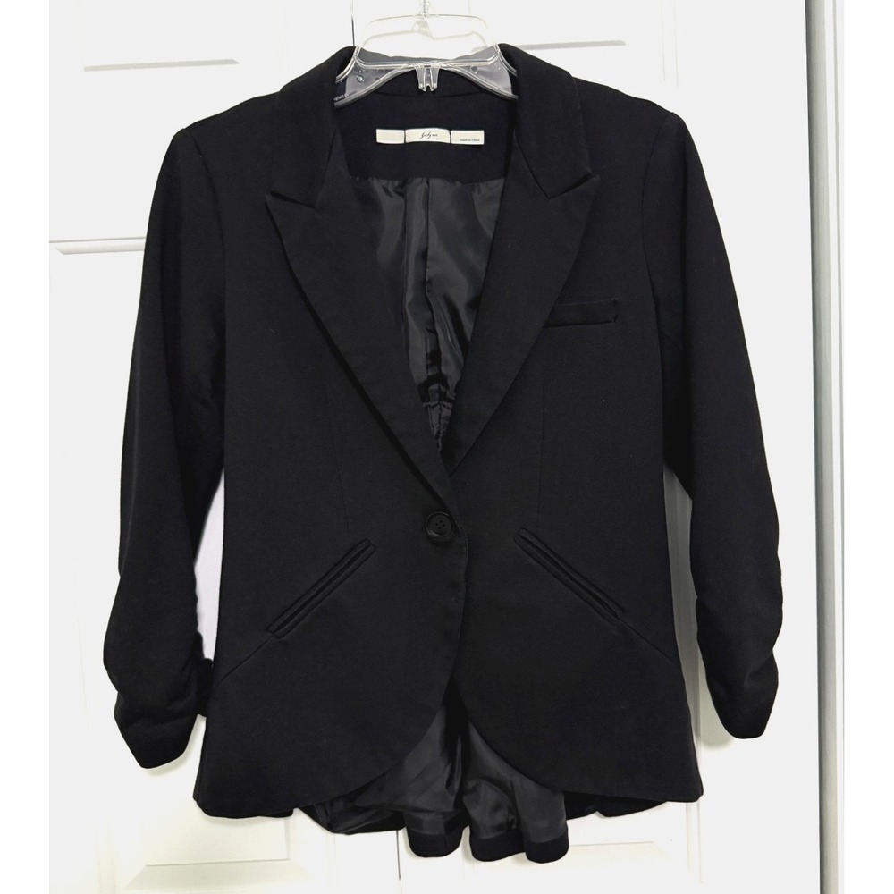 Women Gibson Black Solid Rouched Sleeve Single Button Jacket Blazer Size Small